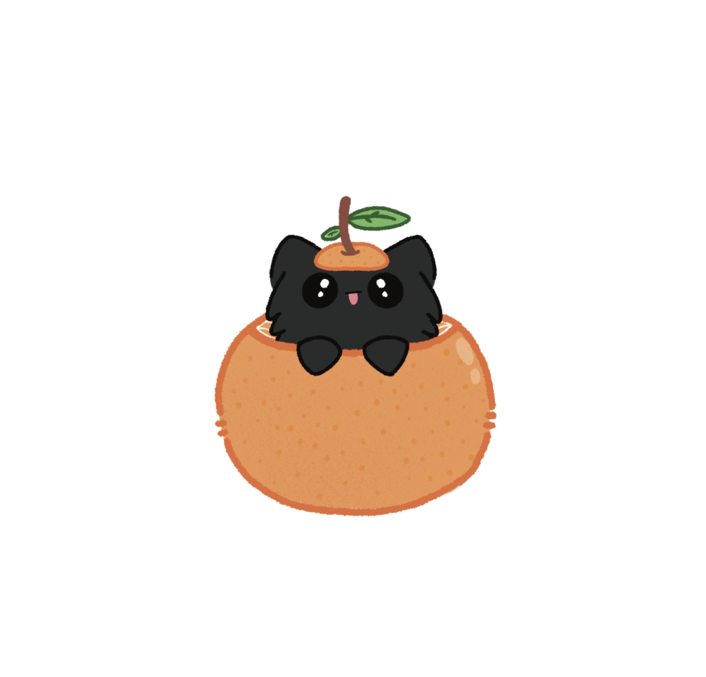 Dibujo kawaii de gato negro de pelo largo con la lengua fuera metido en una mandarina