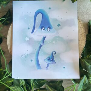 Ilustración de una seta azul grande y otra pequeña con caras sobre un fondo celestial.