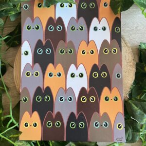 Ilustración de muchos gatos de frente estilo mosaico mirándote fijamente, con colores diversos