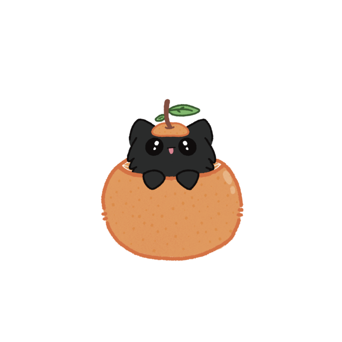 Dibujo kawaii de gato negro de pelo largo con la lengua fuera metido en una mandarina
