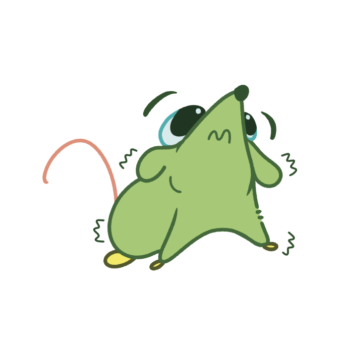 Dibujo de Nati la rata alien. Una pequeña ratita verde con antenas amarillas y ojos azules. Patitas redondas amarillas. Regordita y con cara asustada y temblando. Ojos grandes